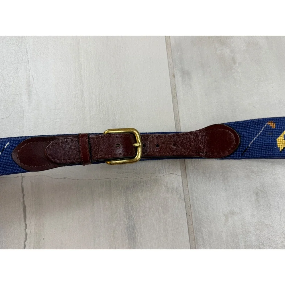 Smathers & Branson Mens Golf Needlepoint Belt Navy Blue Leather Size 36 Brass
